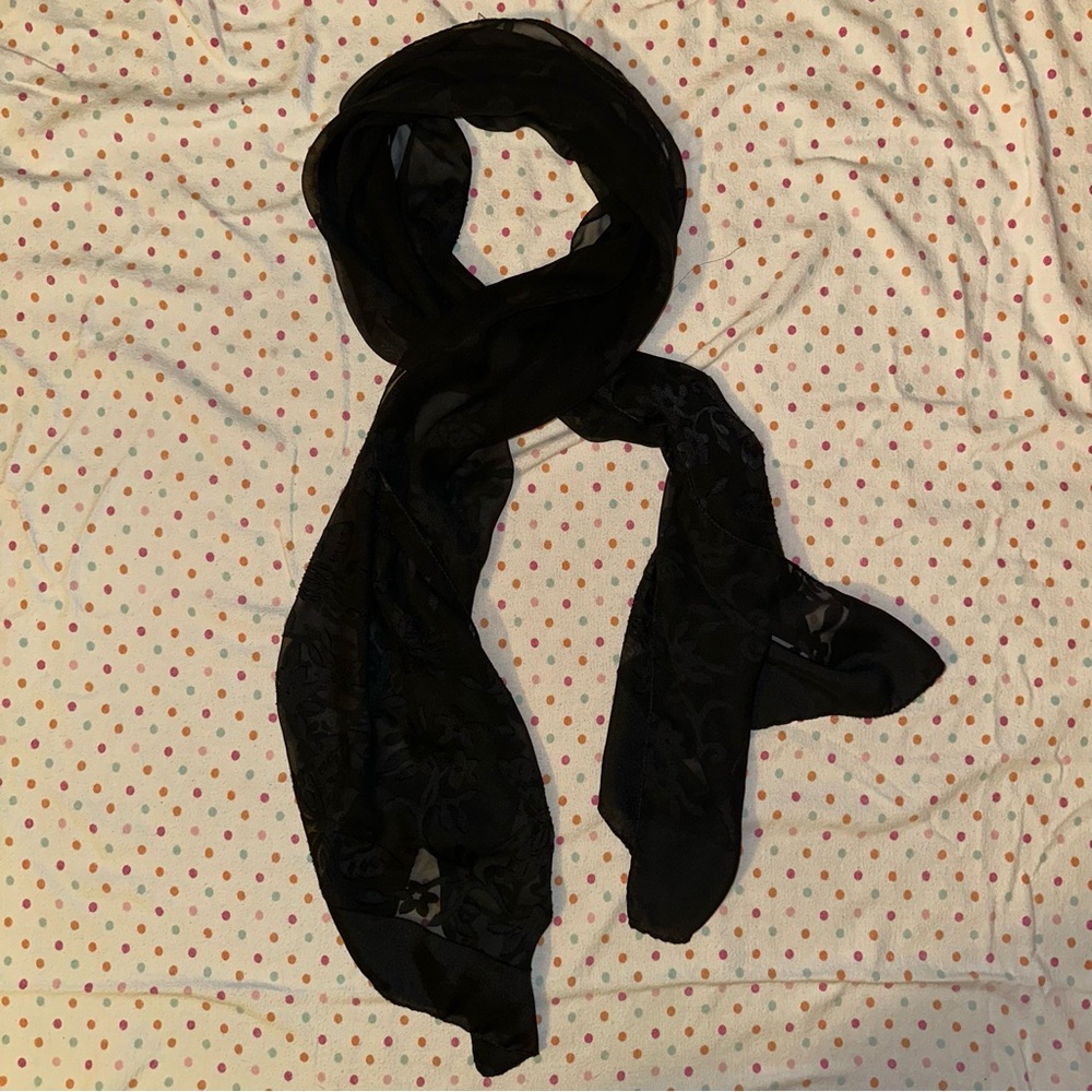Simply Style Long Sheer Black Scarf - Textured Floral Pattern
